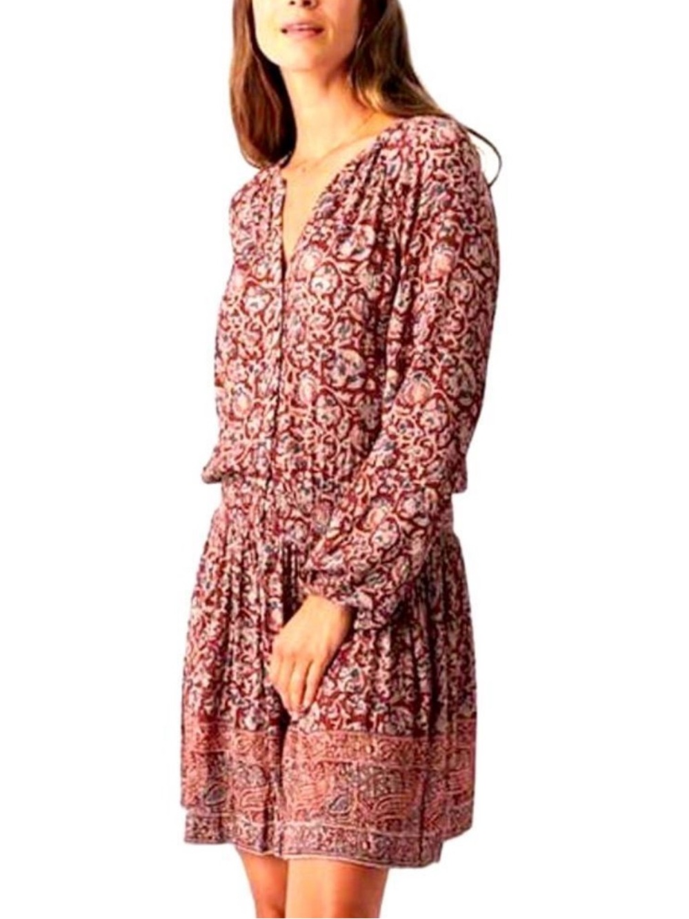 Faherty Montara Blouson Boho Floral Paisley Smocked Waist Mini Dress Size XS